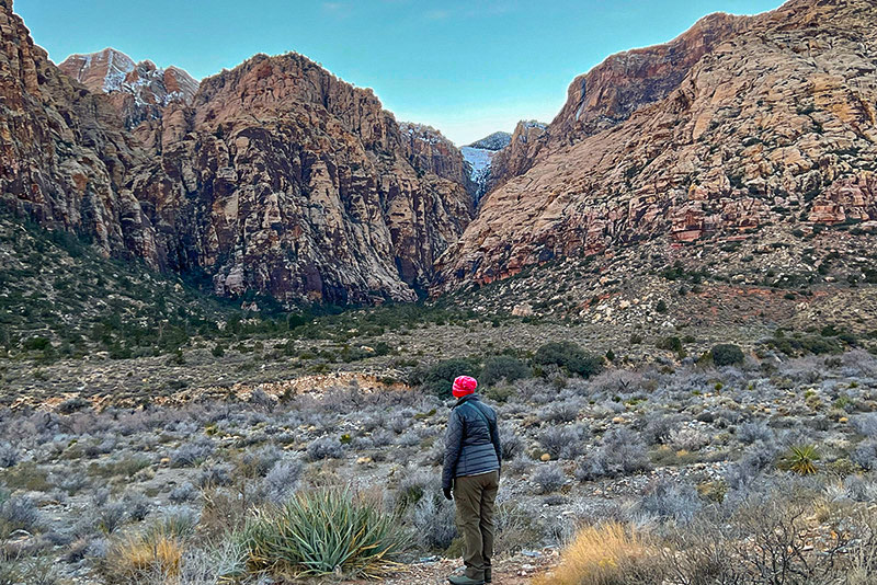 Shawna stands facing the towering red-tinged mountains. The mountains have an uneven, pile-of-boulders like appearance and green plants grow from the crevices. A wash of snow on the highest peak shows between the two closest mountains.