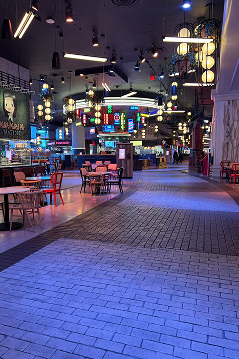 food court designed to look like a street with street food